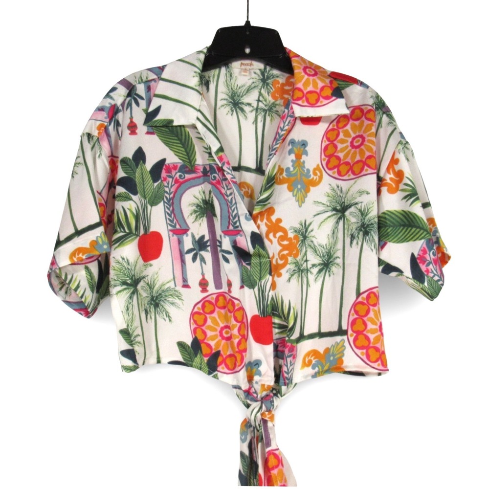 PEACH Multicolor TROPICAL GRAPHIC V-Neck TIE FRONT Cropped BOXY BLOUSE/TOP Sz S